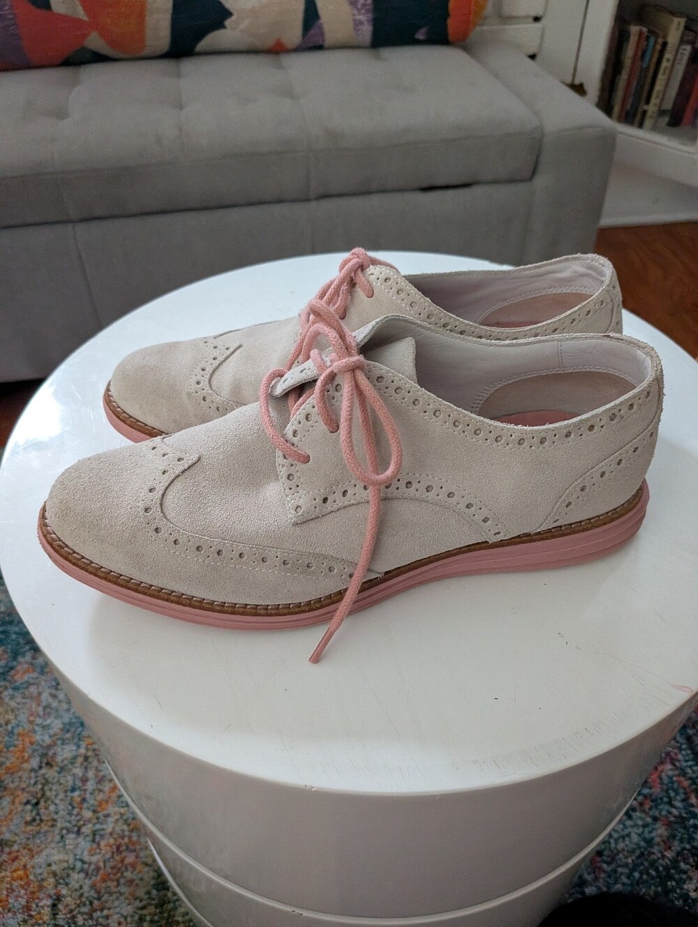Cole Haan LunarGrand Ivory Suede Wingtip Oxfords Blush Sole Women's 7B - Picture 3 of 8